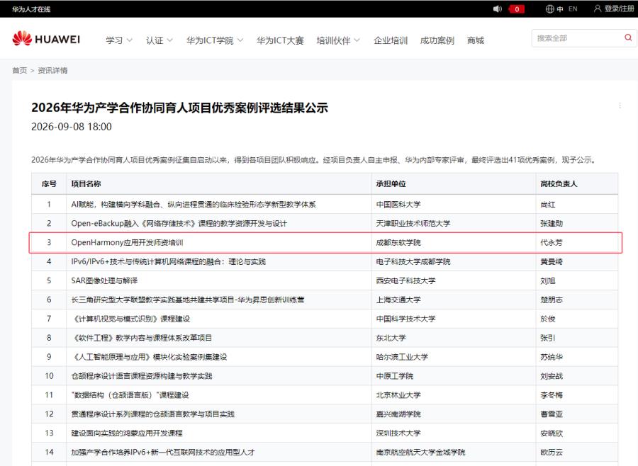 【中国教育在线】成都东软学院成功入选2026年华为产学合作协同育人项目优秀案例